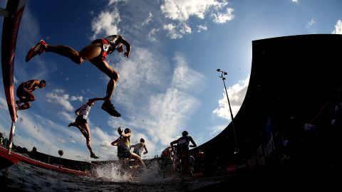 Men compete in the 3,000-meter steeplechase during the British Championships on Saturday, July 4.