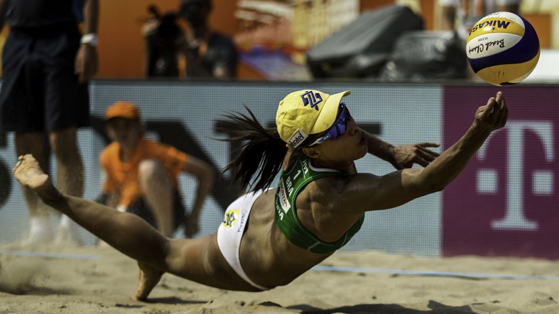 Brazil's Juliana Silva bumps the ball during a match at the Beach Volleyball World Championships on Friday, July 2. Silva and Maria Antonelli won bronze at the event.