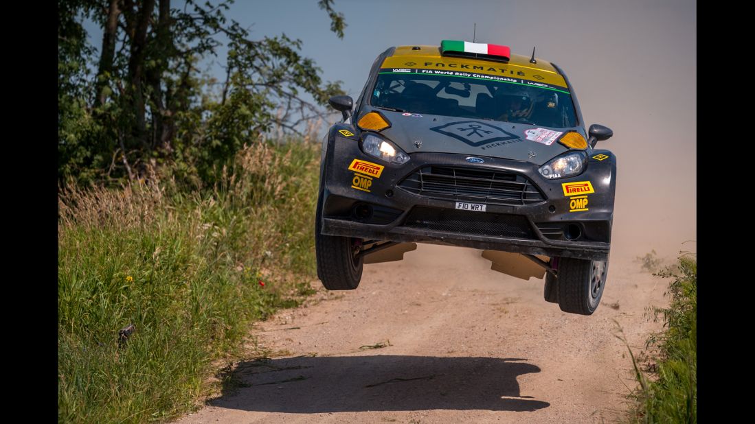 The rally car of Lorenzo Bertelli and Lorenzo Granai catches some air in Mikolajki, Poland, on Saturday, July 4. 