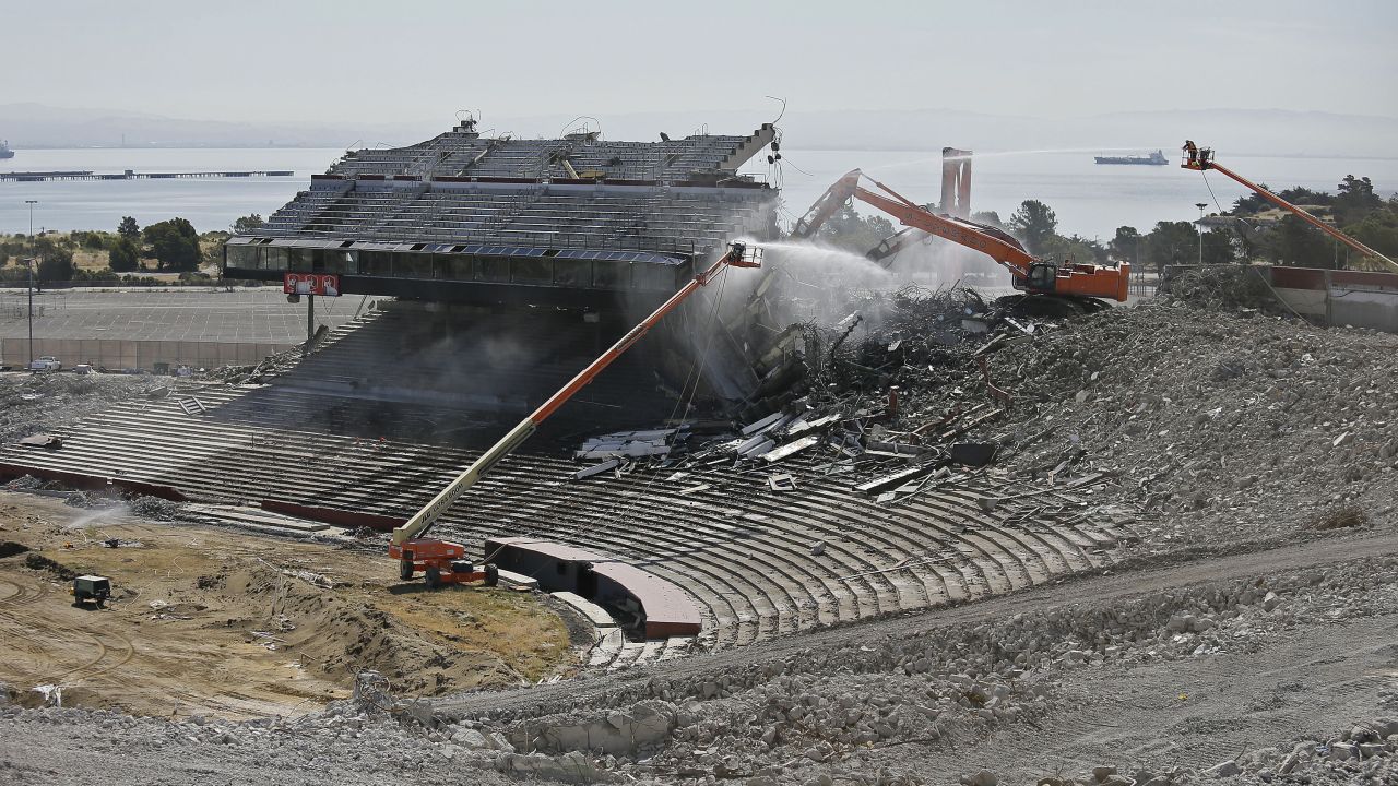 Crews work on the demolition of San Francisco's Candlestick Park on Tuesday, June 30. The stadium used to be home to the San Francisco 49ers and the San Francisco Giants.