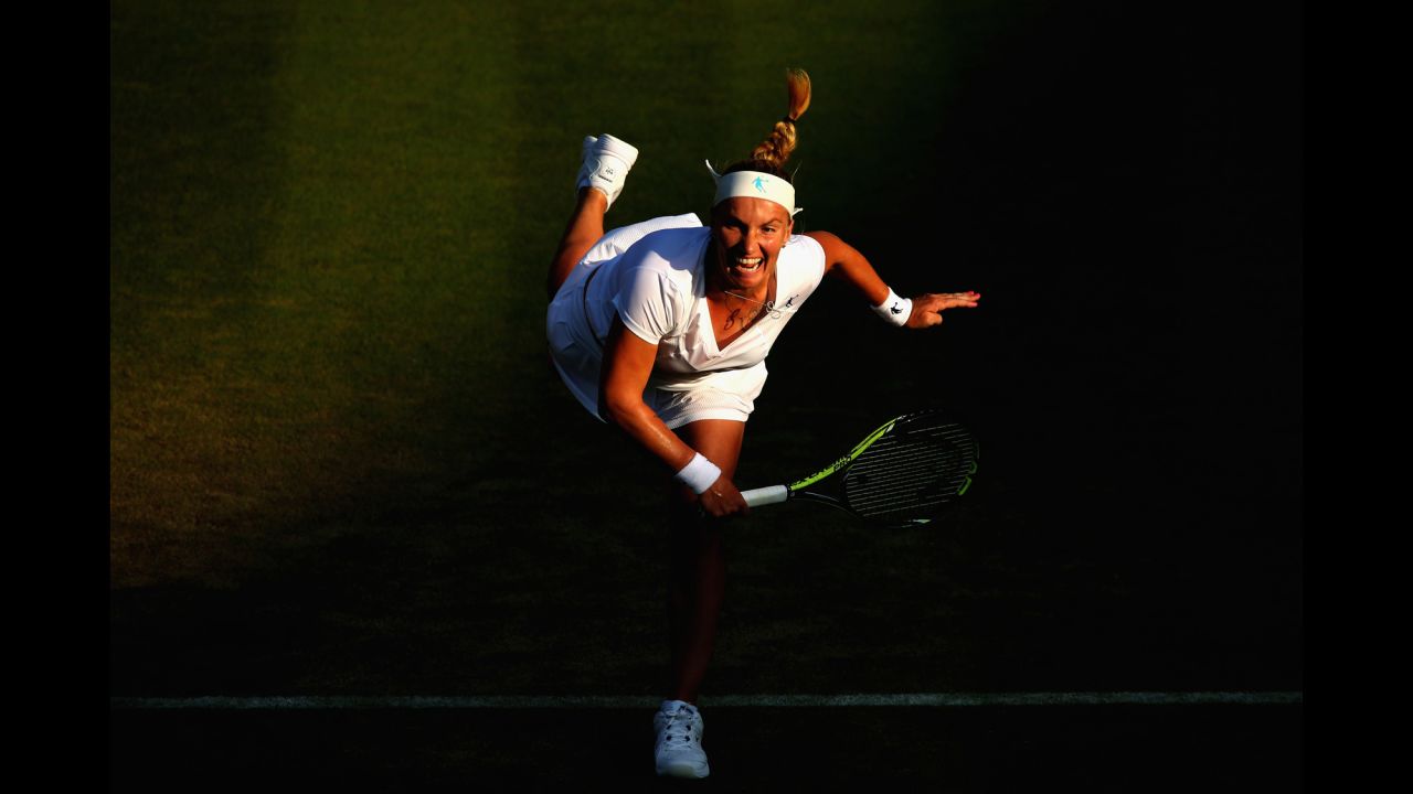 Svetlana Kuznetsova follows through on a shot Friday, July 2, while playing Karolina Pliskova in the second round of Wimbledon.
