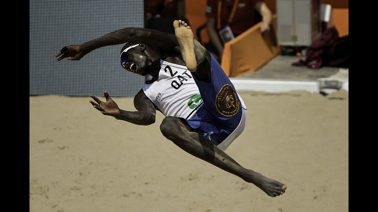 Qatar's Younousse Cherif celebrates after winning a match Friday, July 2, at the Beach Volleyball World Championships.