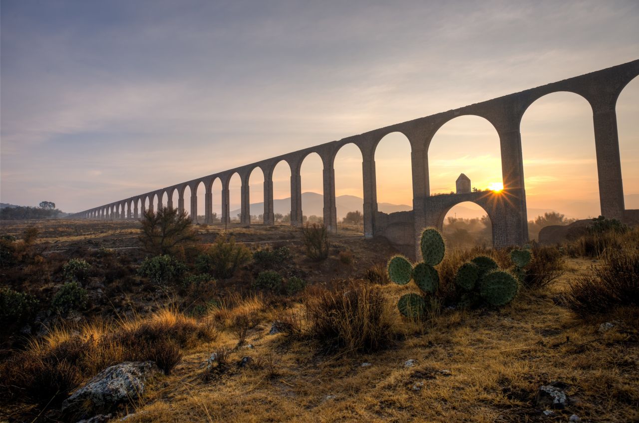 <strong>Aqueduct of Padre Tembleque Hydraulic System, Mexico.</strong> A 16th-century aqueduct between the states of Mexico and Hidalgo, this stunning canal system includes arcaded aqueduct bridges, canals, springs and distribution tanks, including the highest single-level arcade ever built in an aqueduct. UNESCO calls the hydraulic system, launched by the Franciscan friar Padre Tembleque, "an example of the exchange of influences between the European tradition of Roman hydraulics and traditional Mesoamerican construction techniques, including the use of adobe."