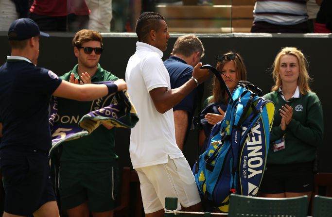 Although he rallied to take the fourth set, Kyrgios ultimately lost the fourth-round match 7-5 6-1 6-7 (7-9) 7-6 (8-6). Kyrgios was fined a total of $9,500 at Wimbledon.