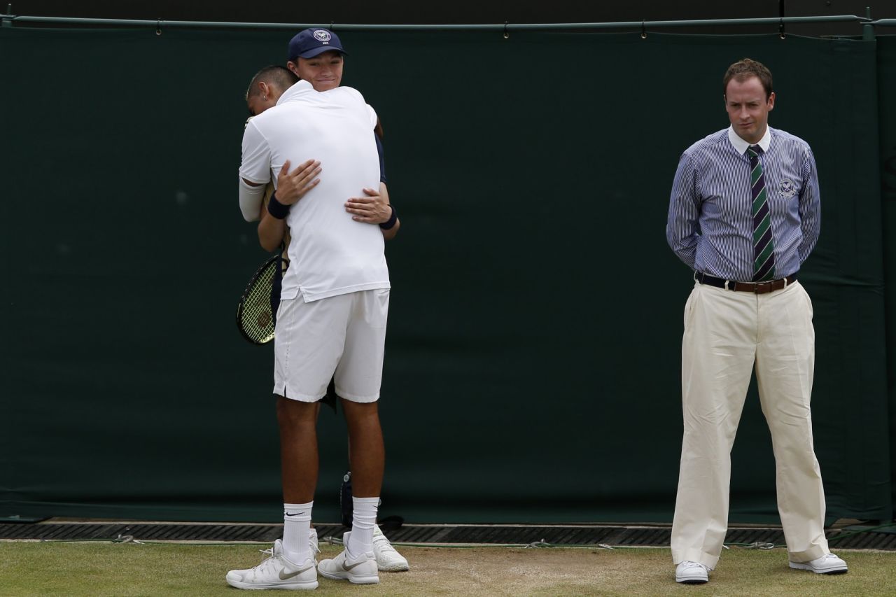 During his match with Gasquet, Kyrgios was hit with a code violation by the umpire for audibly swearing on court. He responded by seemingly throwing Gasquet's next service game, drawing boos from the crowd. Exasperated, Kyrgios sought comfort from the ball boy and embraced him as he offered the Australian his towel.