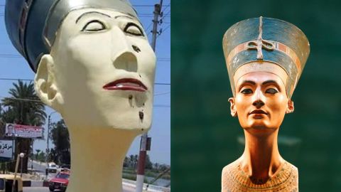 A combo showing a controversially ugly statue of Nefertiti in Egypt and a more attractive figurine in Berlin's Neues Museum.
