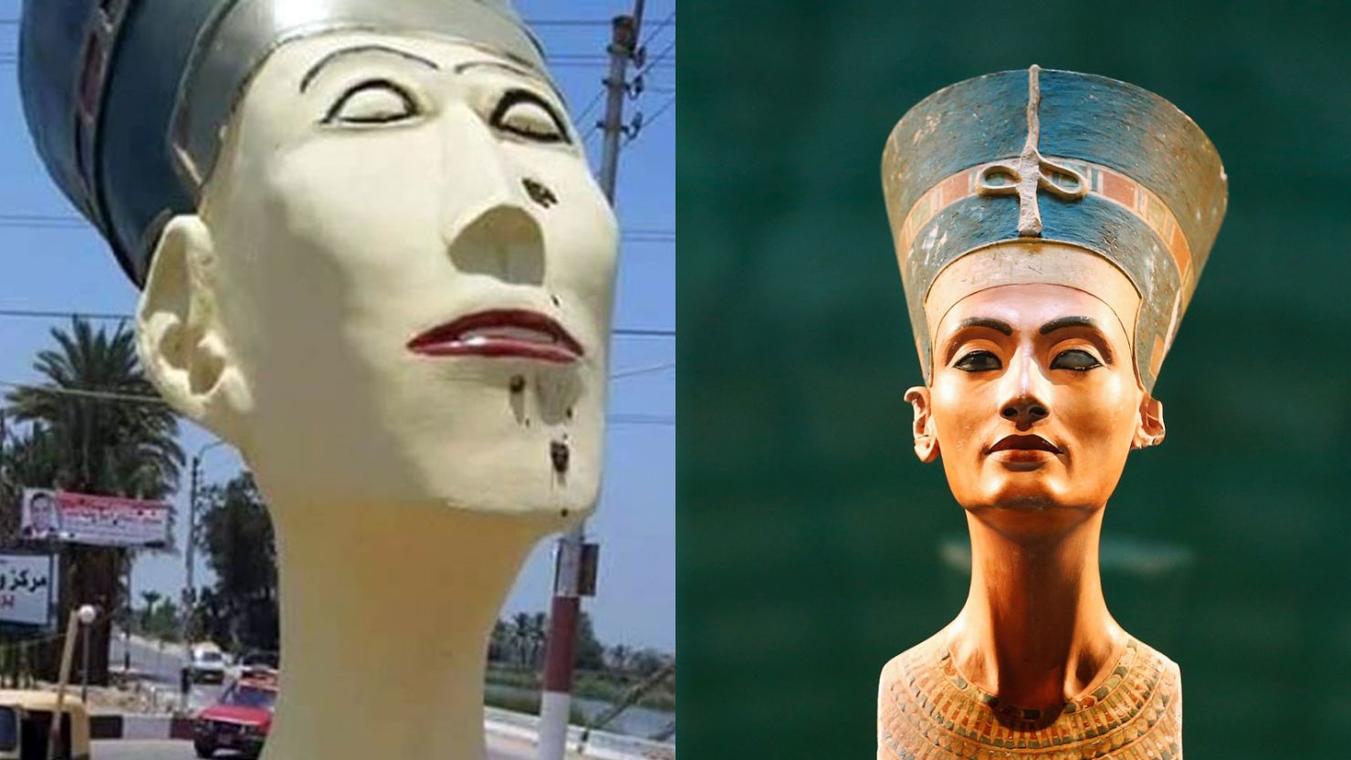 The statue of Nefertiti erected outside an Egyptian town is a far cry from the 3,400-year-old figurine on display in a Berlin museum.
