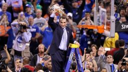 Head coach Mike Krzyzewski of the Duke Blue Devils cuts down the net after defeating the Wisconsin Badgers during the NCAA Men's Final Four National Championship at Lucas Oil Stadium on April 6, 2015 in Indianapolis, Indiana.