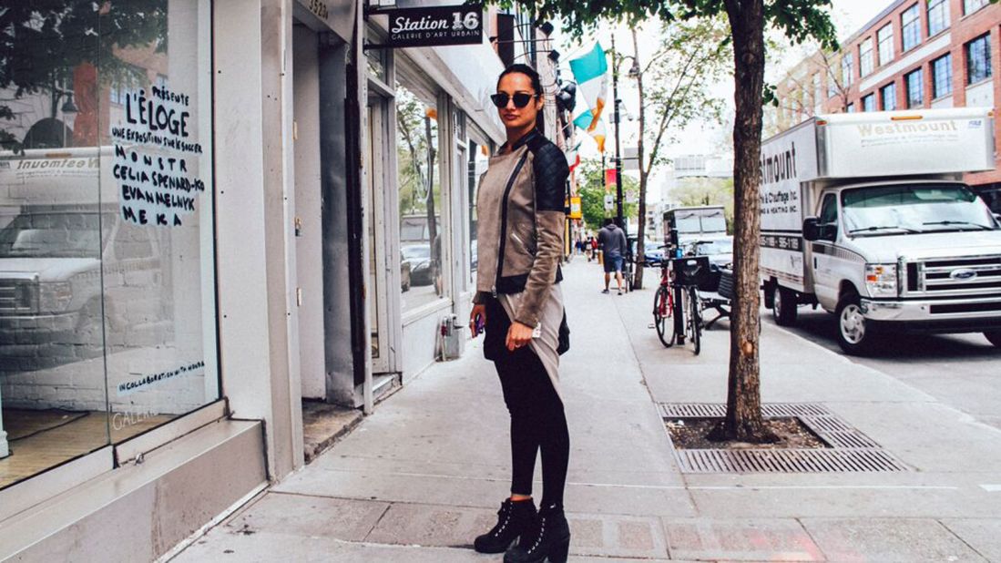Calm, collected and usually in sunglasses, the Montreal fashionista frequents art galleries and the hip Mile-End neighborhood.