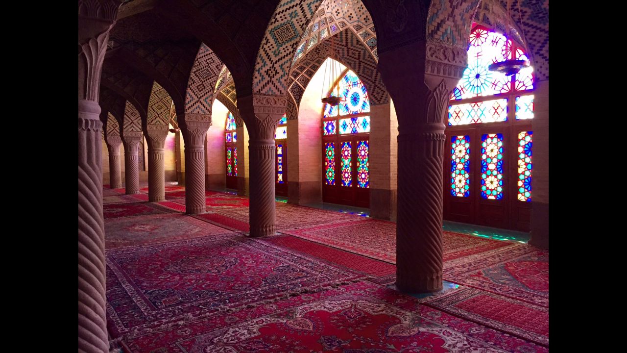 CNN's Frederick Pleitgen has been traveling around Iran. Here are his photos from the city of Shiraz and the ancient site of Persepolis. The Nasir al Mulk Mosque in the town of Shiraz is also called the "Pink Mosque" because of its extensive use of pink in the many detailed tile frescos.