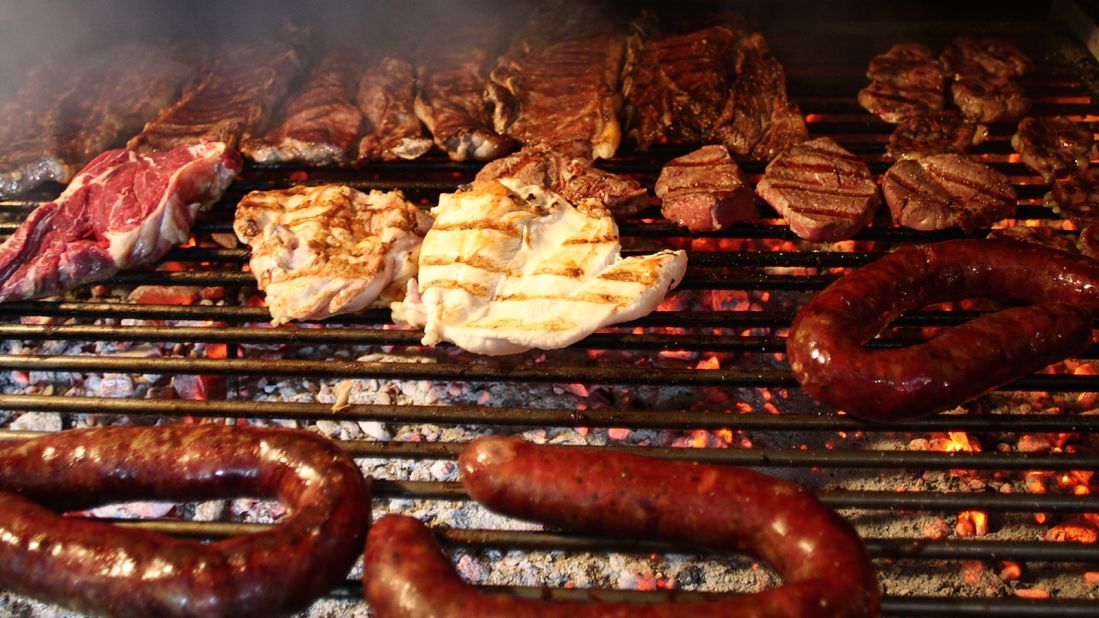 Asado refers to both a social barbeque gathering or a way of grilling. The asado is a multi-step affair that can last several hours. Entrées include blood sausage, beef sweetbreads, chitterlings and kidneys. 