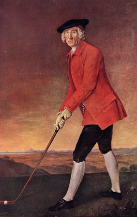 A portrait of William St. Clair of Rosslyn dating from around 1780. He was a member of the Honorable Company of Edinburgh Golfers (formerly known as the Gentleman Golfers of Edinburgh) who <a href="index.php?page=&url=http%3A%2F%2Fwww.scottishgolfhistory.org%2Forigin-of-golf-terms%2Frules-of-golf%2F" target="_blank" target="_blank">drew up the first known Rules of Golf</a>. The military style coat was a familiar sight on the links in that era, Fleming says.  <br /><br />"Members of early golf societies in Scotland and England from the early 1700s onwards were quite frequently military men who would often have military style coats -- it was the fashion of the day to wear a button coat," Fleming told CNN. <br /><br />"Different societies had different colors -- red is an R&A color and other societies also wore red, but others wore blue, green, there are instances of yellow (coats). It was symbol of membership. They would have special buttons for different societies, in the same way today that clubs have their own crest on jumpers and jackets, blazers, club ties. They also served a practical purpose -- they were warm and highly visible."