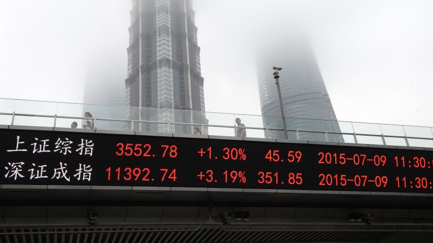 Caption:A screen that shows the Shanghai Composite Index (top) and the Shenzhen Component Index is seen on the side of an overpass in front of the Shanghai World Financial Center (L), Jin Mao Tower (C) and Shanghai Tower in Shanghai on July 9, 2015. Chinese stocks stormed into positive territory in volatile trading on July 9 as Beijing launched new measures to halt a dramatic sell-off, but trading remained volatile in a crisis that has also hurt global share markets and commodity prices. AFP PHOTO CHINA OUT (Photo credit should read STR/AFP/Getty Images)