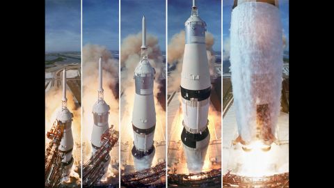 At 9:32 a.m. on July 16, 1969, NASA's Apollo 11 spacecraft was launched by a Saturn V rocket from the Kennedy Space Center in Florida. On board were astronauts Neil Armstrong, Buzz Aldrin and Michael Collins. Four days later, on July 20, they would become the first men to land on the moon. 