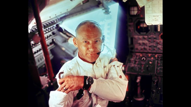 Aldrin is photographed by Armstrong inside Apollo 11's lunar module, just prior to the moon landing. In orbit, Aldrin later took what would become known as the world's first <a href="index.php?page=&url=http%3A%2F%2Fwww.cnn.com%2Fvideos%2Ftech%2F2014%2F07%2F15%2Forig-buzz-aldrin-space-selfie.cnn">space selfie</a>.