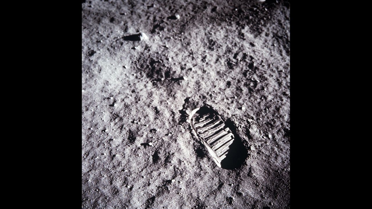 A close-up view of Aldrin's boot print in the lunar soil. 