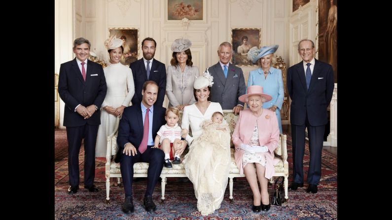 This family photo was taken after <a href="index.php?page=&url=http%3A%2F%2Fwww.cnn.com%2F2015%2F07%2F05%2Feurope%2Froyal-baby-princess-charlotte-christening%2F" target="_blank">Charlotte's christening</a> in July 2015. In the front row, from left, are William, George, Catherine, Charlotte and Queen Elizabeth II. In the back row, from left, are Catherine's father, Michael Middleton; her sister, Pippa Middleton; her brother, James Middleton; her mother, Carole Middleton; Charles; Camilla, Duchess of Cornwall; and Prince Philip.