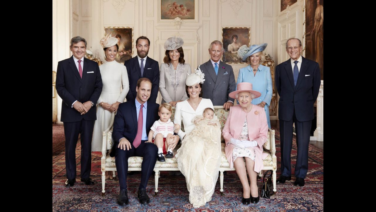 This family photo was taken after <a href="http://www.cnn.com/2015/07/05/europe/royal-baby-princess-charlotte-christening/" target="_blank">Charlotte's christening</a> in July 2015. In the front row, from left, are William, George, Catherine, Charlotte and Queen Elizabeth II. In the back row, from left, are Catherine's father, Michael Middleton; her sister, Pippa Middleton; her brother, James Middleton; her mother, Carole Middleton; Charles; Camilla, Duchess of Cornwall; and Prince Philip.