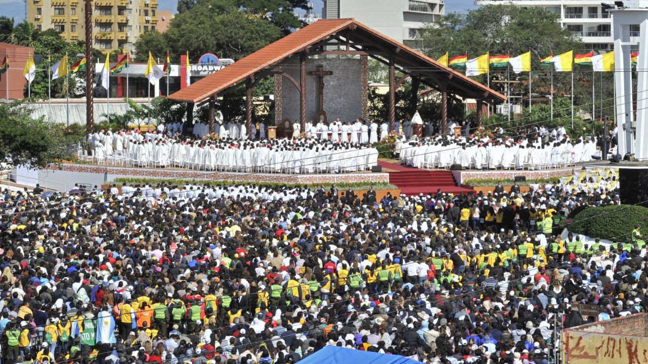 Pope Francis officiates a holy mass at the square of Christ the Redeemer in Santa Cruz, Bolivia on Thursday, July 9.