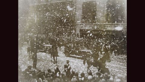 Dr. Hugo Eckener, a German pioneer of airships, and the crew of the Graf Zeppelin were honored with a ticker tape parade on October 16, 1928, for completing the first commercial flight across the Atlantic. 