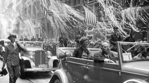Amelia Earhart was given a ticker tape parade twice -- in 1928 when she became the first woman to complete a transatlantic flight and again in 1932 (pictured) when she became the first woman to complete the leg solo. 