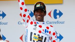Daniel Teklehaimanot of Eritrea and MTN-Qhubeka celebrates as he is awarded the polka-dot jersey after Stage Six of the Tour de France.