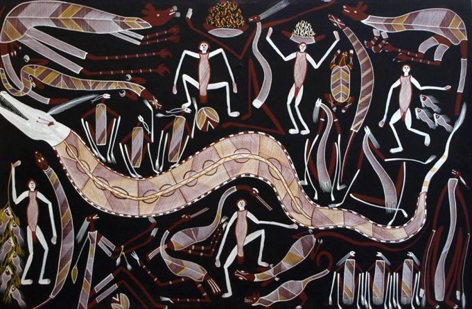 <a href="index.php?page=&url=http%3A%2F%2Fwww.aboriginal-art-australia.com%2Fartworks%2Feddie-blitner-mimi-spirits-hunting-eb224%2F" target="_blank" target="_blank">Eddie Blitner</a> paints Mimis -- tiny match-thin spirits which Aborigines believe have lived in the escarpments since the beginning of time. Mimis are so shy they only come out at night with their weapons and pets such as goannas, kangaroos and porcupines. Pictured, Blitner's "Mimi Spirits and Rainbow Serpent."