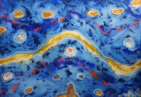 Traditionally paintings were done on rock walls, as body paint, or simply in the dirt or sand. Today most Aboriginal paintings depict stories and "Dreamings" about the land, culture and ceremonies. Pictured, "Water" by Kurun Warun. 