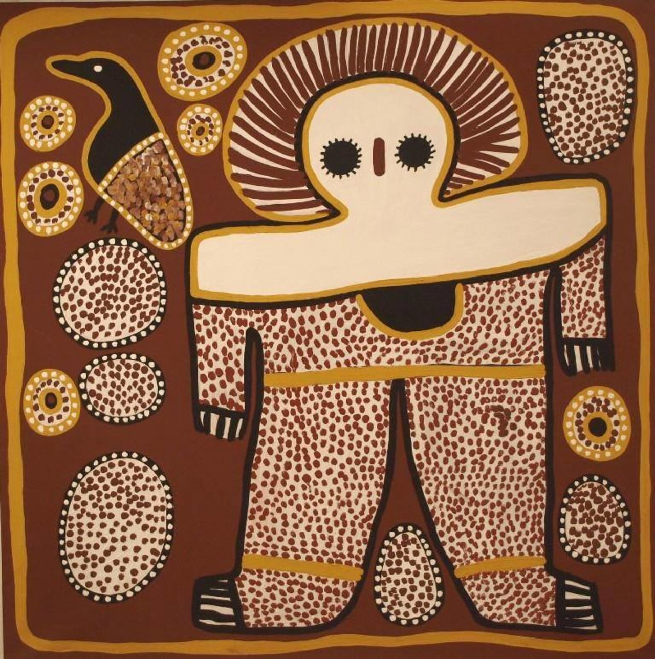 This painting by <a href="http://www.aboriginal-art-australia.com/artworks/lily-karadada-three-wandjina/" target="_blank" target="_blank">Lily Karadada</a> shows the Wandjina -- the supreme spirit being according to the Worrorra, Wunambal and Ngarinyin people of the Kimberley region. The Wandjina have large eyes but no mouth, as it is said this would make them too powerful. Pictured, "Wanjina" by Lily Karadada.