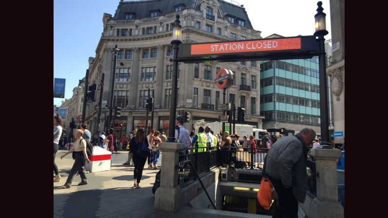 A sign informs travelers that Oxford Circus Tube station is closed on Thursday, July 9. Millions of Londoners were forced to find alternative ways to travel Thursday as the UK capital's Underground network was in the grip of what may be its biggest strike in more than a decade.