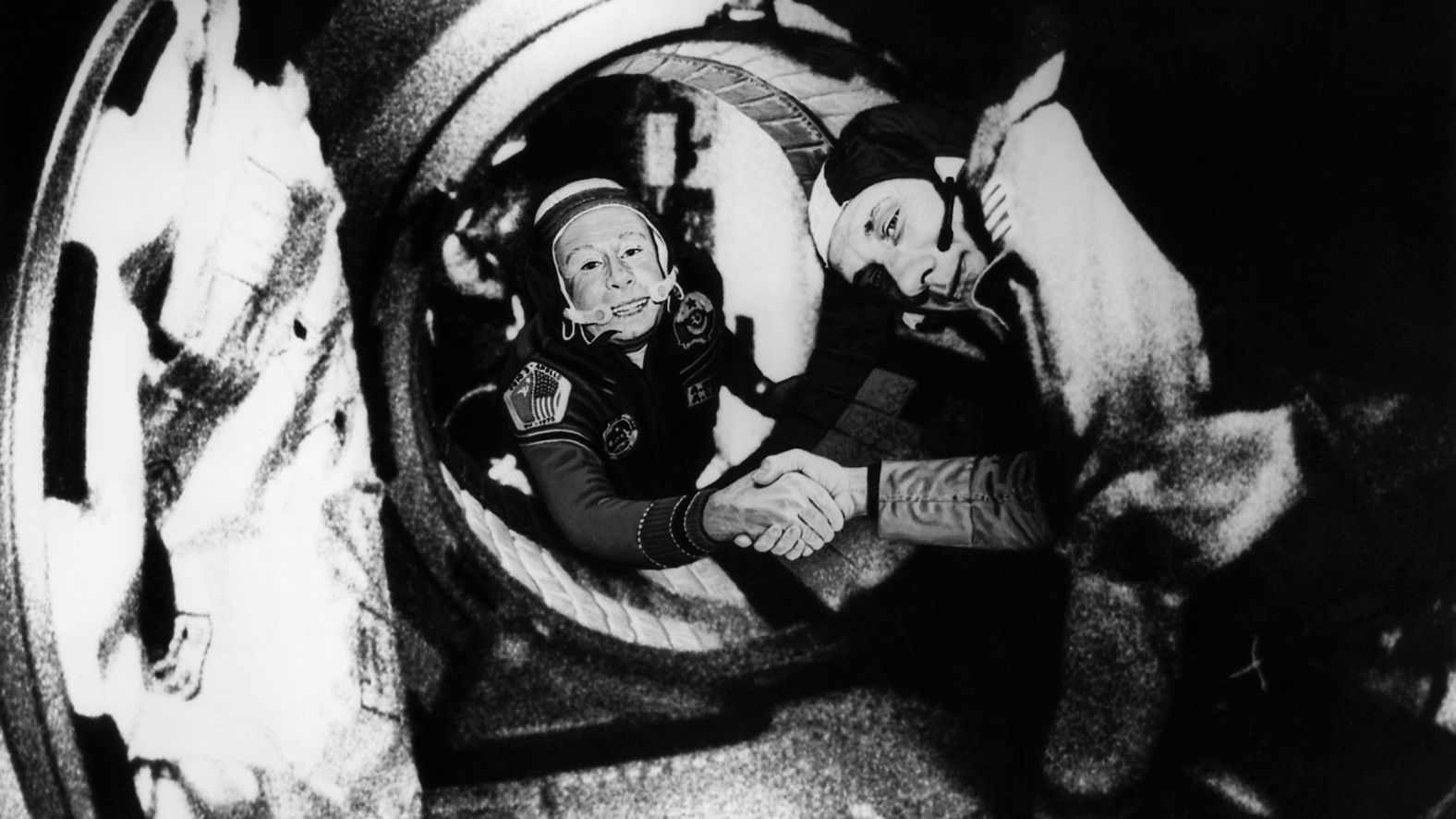 Soyuz 19 commander Alexei Leonov, left, shakes hands with Thomas Stafford, commander of the Apollo 18, on that first joint mission in 1975.