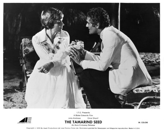 Julie Andrews and Sharif appear in a scene from the 1974 movie "The Tamarind Seed." The Cold War tale marked Andrews' return to movies after four years away and was directed by her husband, Blake Edwards. 