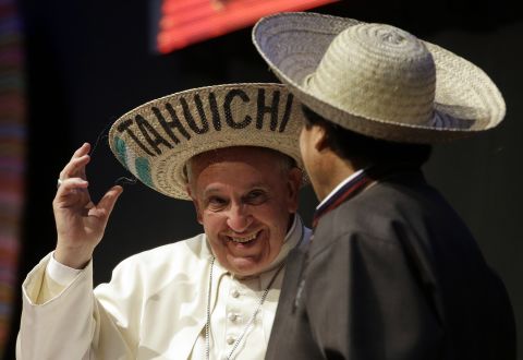 Pope Francis and Bolivian President Evo Morales wear traditional Bolivian hats Thursday, July 9, during the second World Meeting of Popular Movements in Santa Cruz.