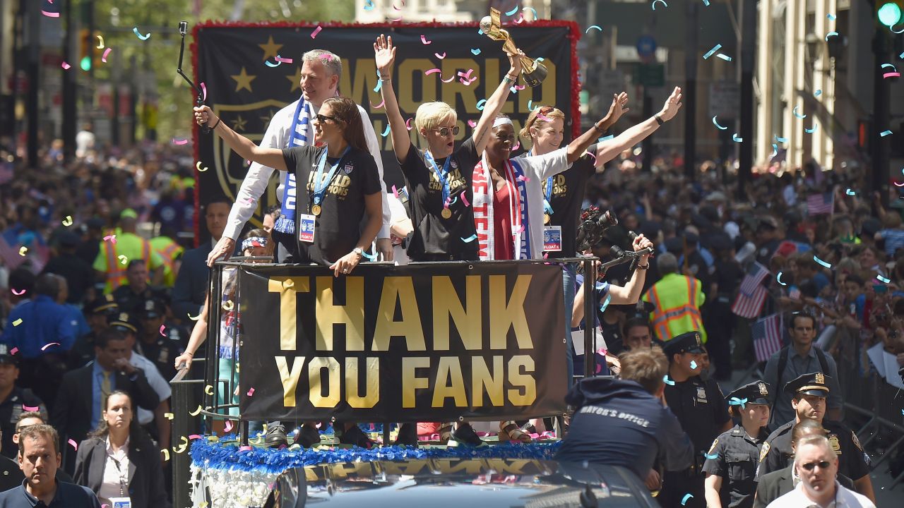 The US soccer team celebrates its 2015 Women's World Cup victory with a ticker-tape parade in New York City.