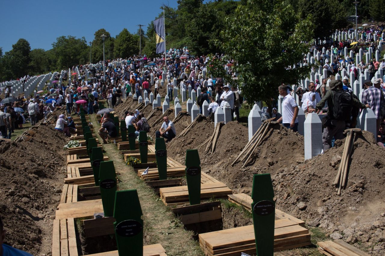 On the 20th anniversary of the Srebrenica massacre -- the largest massacre in Europe since World War II -- fresh graves await the burial of newly discovered and identified remains, on Saturday, July 11. Often only one or two bones are all that can be found, as many bodies were mixed together and destroyed in mass graves. One hundred and 36 new sets of remains were buried on this 20th anniversary.