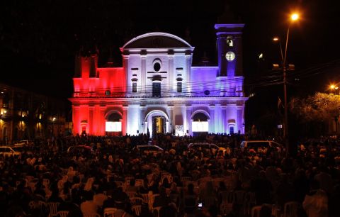 The Metropolitan Cathedral in Asuncion is illuminated in the colors of the Paraguayan flag during evening prayers with Pope Francis on Saturday, July 11. 