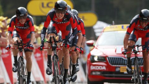Tejay Van Garderen leads home the BMC Racing squad as it wins the team time trial at the Tour de France.