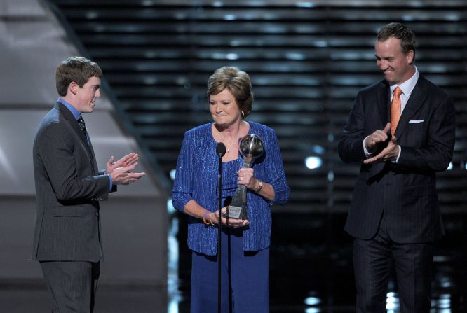 <strong>Pat Summitt</strong> received the Arthur Ashe Courage Award in 2012. She was the head basketball coach for the University of Tennessee Lady Volunteers from 1974 to 2012. She's coached eight NCAA Championship teams, written three books and raised a son, who became a head basketball coach at 24. <a href="index.php?page=&url=http%3A%2F%2Fwww.cnn.com%2F2015%2F01%2F06%2Fus%2Fpat-summitt-fast-facts%2F">Summitt</a> was forced to retire in 2012 because of Alzheimer's disease.
