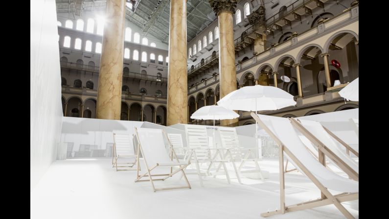 The temporary exhibition was constructed in the museum's Great Hall using scaffolding, wooden panels and perforated mesh.