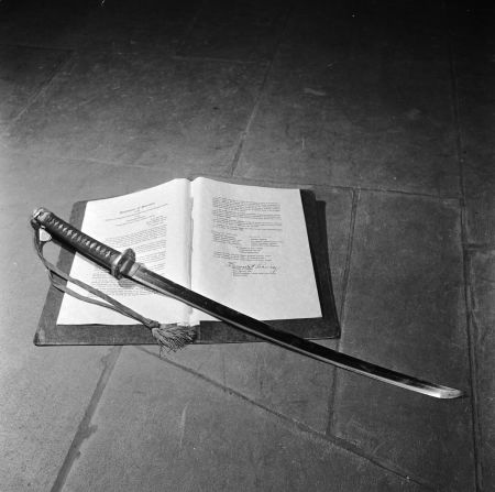 The samurai sword of General Tomoyuki Yamashita, commander of the Japanese troops in the Philippines during World War II. It rests on the Philippine Surrender Document.