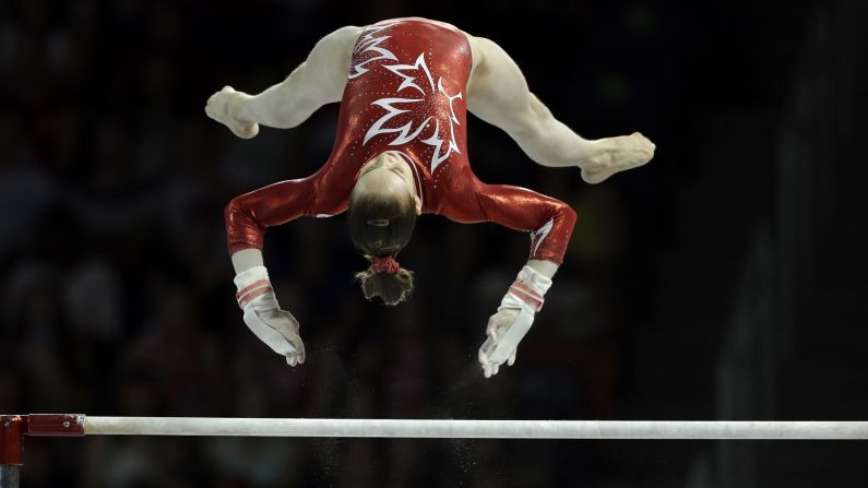 Canada's Isabela Onyshko performs on the uneven bars during the Pan American Games on Sunday, July 12. Canada finished second in the team event.
