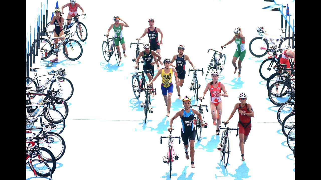Triathletes at the Pan American Games begin the cycling portion of their race on Saturday, July 11.