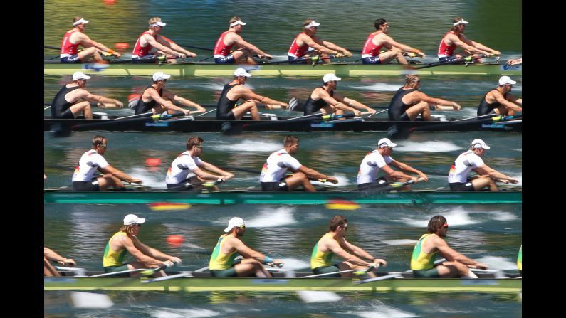 From top, teams from the Netherlands, New Zealand, Germany and Australia compete at a rowing event in Lucerne, Switzerland, on Friday, July 10.