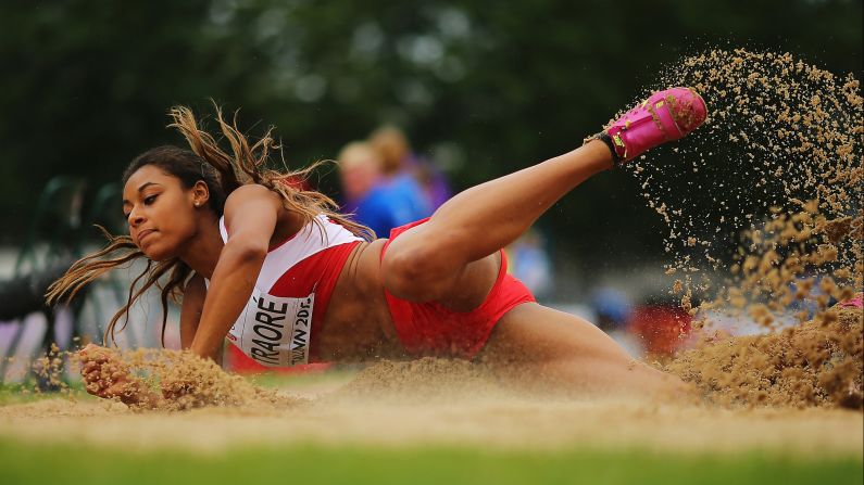Danish long jumper Martha Traore lands in the sand pit Thursday, July 9, while competing at the European Under-23 Championships.