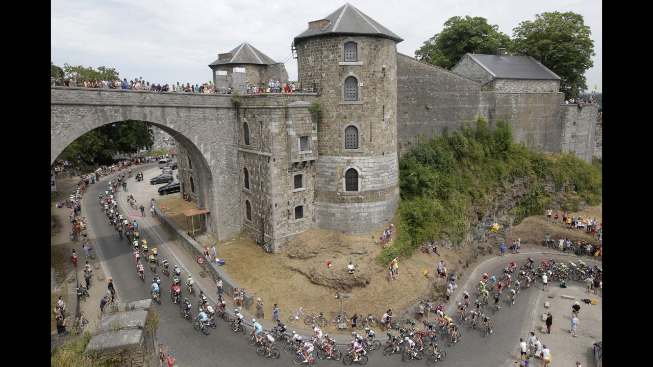 Cyclists climb toward the Namur Citadel in Namur, Belgium, during the fourth stage of the Tour de France on Tuesday, July 7.