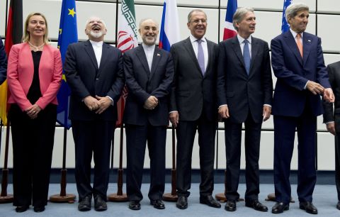 After arduous talks that spanned 20 months, negotiators reached a landmark deal aimed at reining in Iran's nuclear program, announced on July 14. From left, European Union High Representative for Foreign Affairs and Security Policy Federica Mogherini, Iranian Foreign Minister Mohammad Javad Zarif, Head of the Iranian Atomic Energy Organization Ali Akbar Salehi, Russian Foreign Minister Sergey Lavrov, British Foreign Secretary Philip Hammond and U.S. Secretary of State John Kerry pose for a group picture at the United Nations building in Vienna on July 14. 