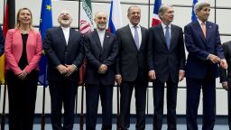 (From L to R) European Union High Representative for Foreign Affairs and Security Policy Federica Mogherini, Iranian Foreign Minister Mohammad Javad Zarif, Head of the Iranian Atomic Energy Organization Ali Akbar Salehi, Russian Foreign Minister Sergey Lavrov, British Foreign Secretary Philip Hammond and US Secretary of State John Kerry pose for a group picture at the United Nations building in Vienna, Austria July 14, 2015.