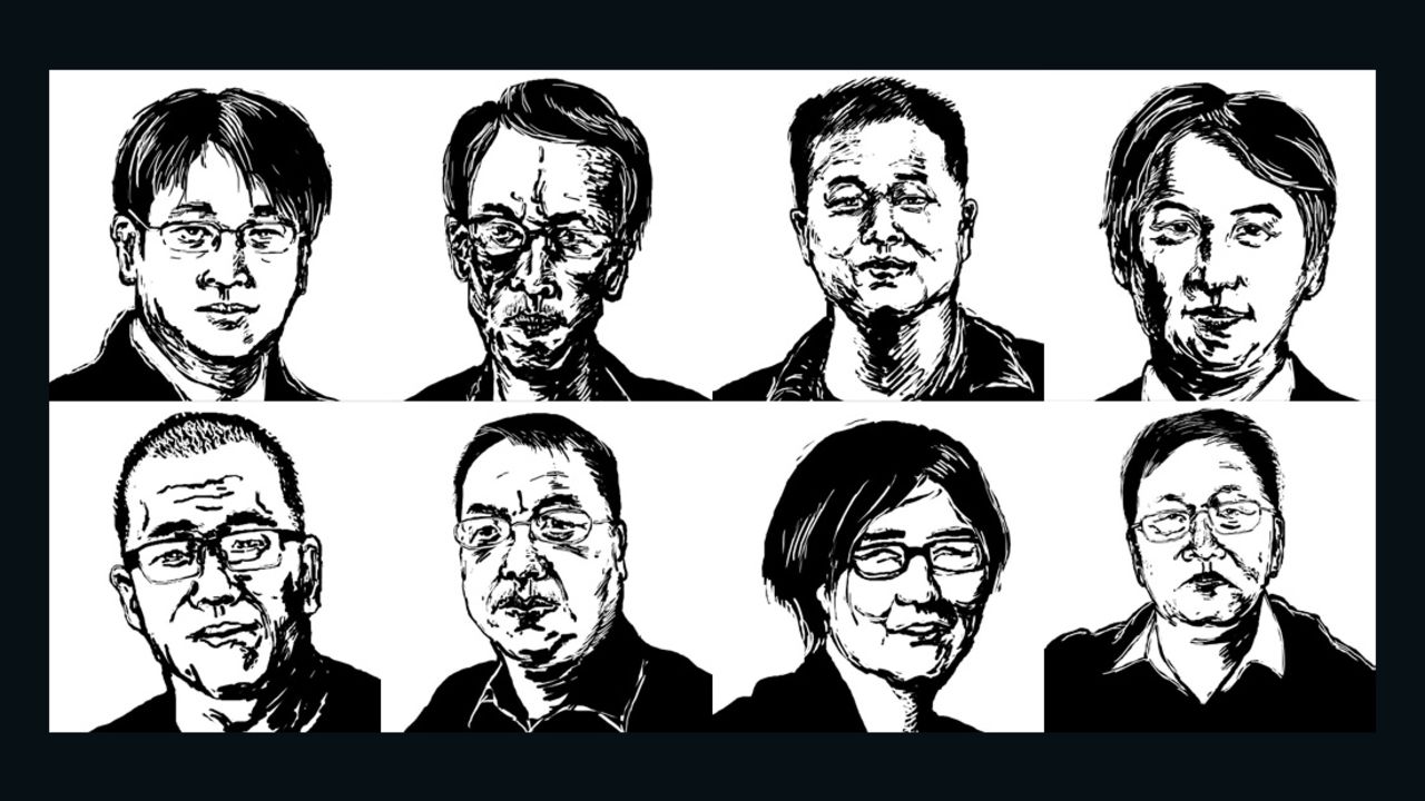 Illustration by cartoonist @badiucao of eight lawyers and their staff targeted in the recent crackdown by the Chinese authorities. Clockwise from top left: Wang Quanzhang, Liu Shihui, Liu Sixin, Li Heping, Zhou Shifeng, Wang Yu, Liu Xiaoyuan and Sui Muqing. Liu Xiaoyuan has since been released.