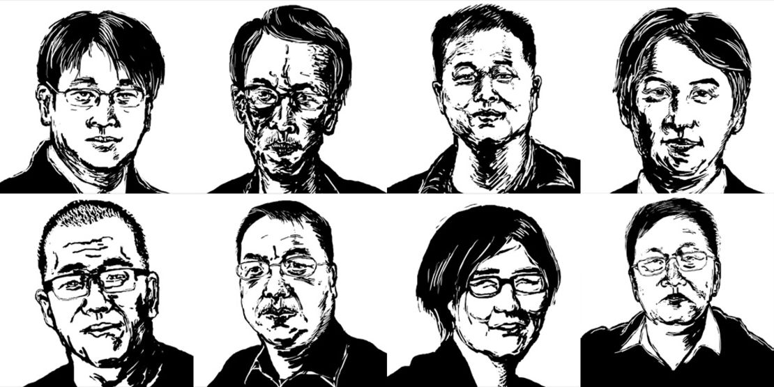 Illustration by cartoonist @badiucao of eight lawyers and their staff targeted in the recent crackdown by the Chinese authorities. Clockwise from top left: Wang Quanzhang, Liu Shihui, Liu Sixin, Li Heping, Zhou Shifeng, Wang Yu, Liu Xiaoyuan and Sui Muqing.  Liu Xiaoyuan has since been released. 