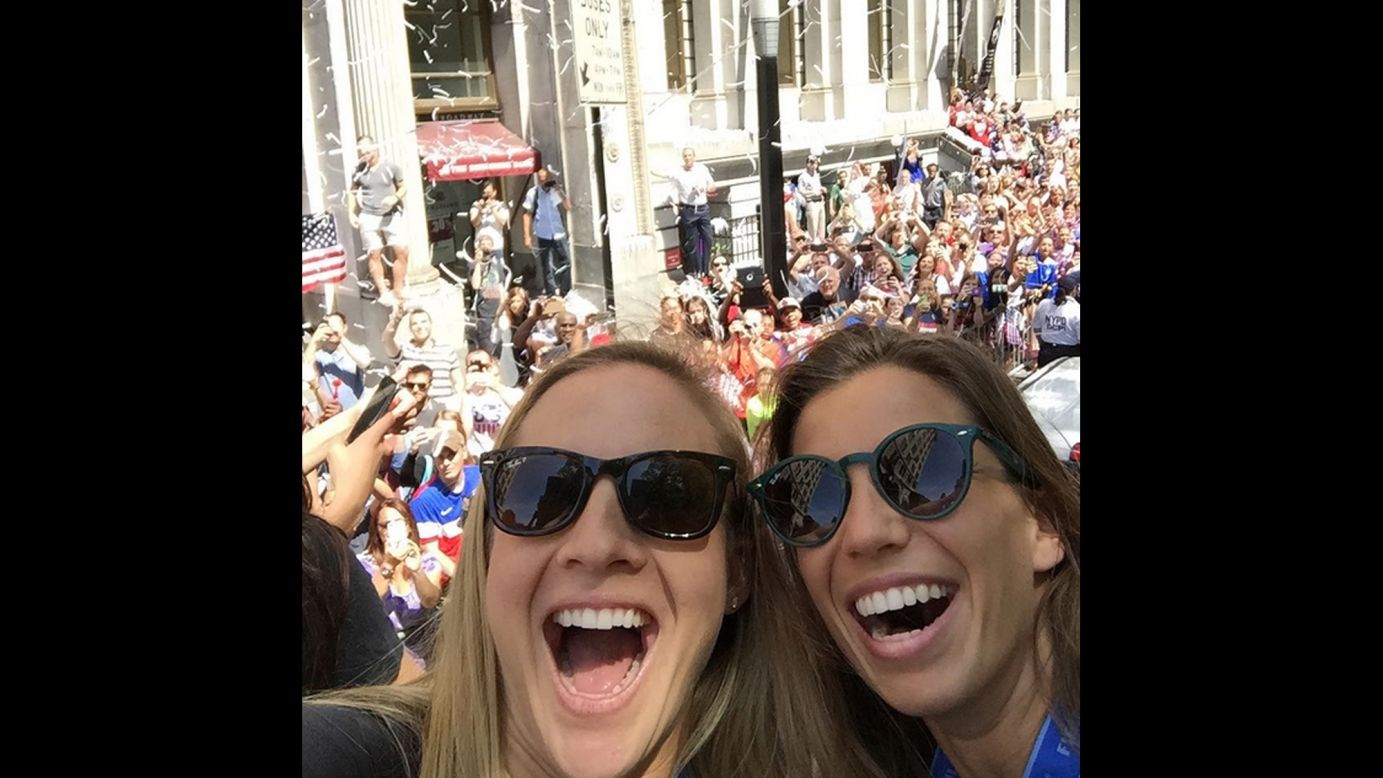 U.S. soccer players Amy Rodriguez, left, and Tobin Heath take a selfie together at the team's New York City parade on Friday, July 10. "WOW NYC YOU ROCK! #floating," <a href="https://instagram.com/p/49wdU6sfsR/" target="_blank" target="_blank">Heath said on Instagram.</a>